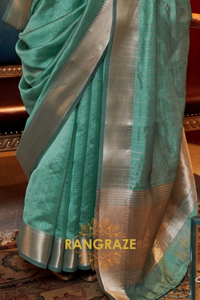 Aqua Elegance Handwoven Moss Chiffon Saree