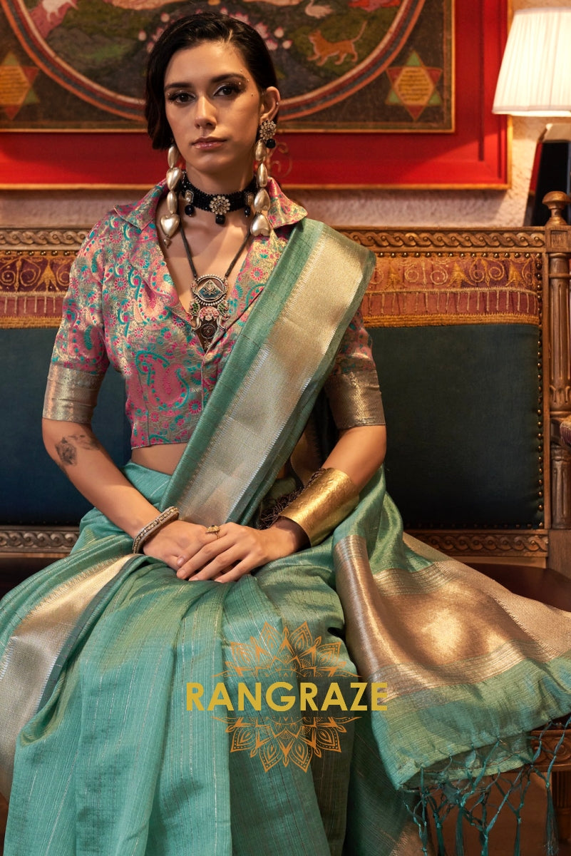 Aqua Elegance Handwoven Moss Chiffon Saree