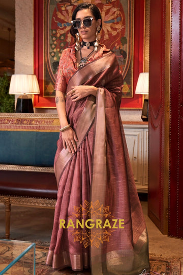 Dusty Rose Handwoven Moss Chiffon Saree