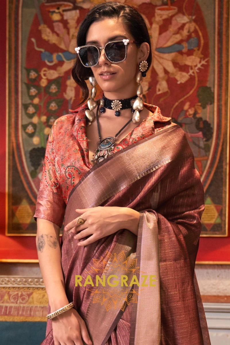 Dusty Rose Handwoven Moss Chiffon Saree