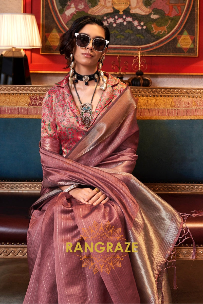 Dusty Rose Handwoven Moss Chiffon Saree
