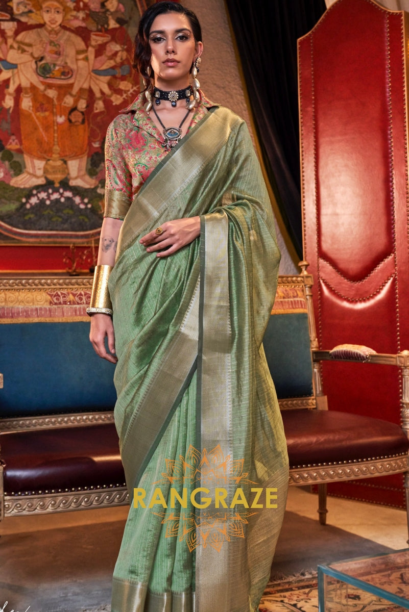 Sage Green Handwoven Moss Chiffon Saree