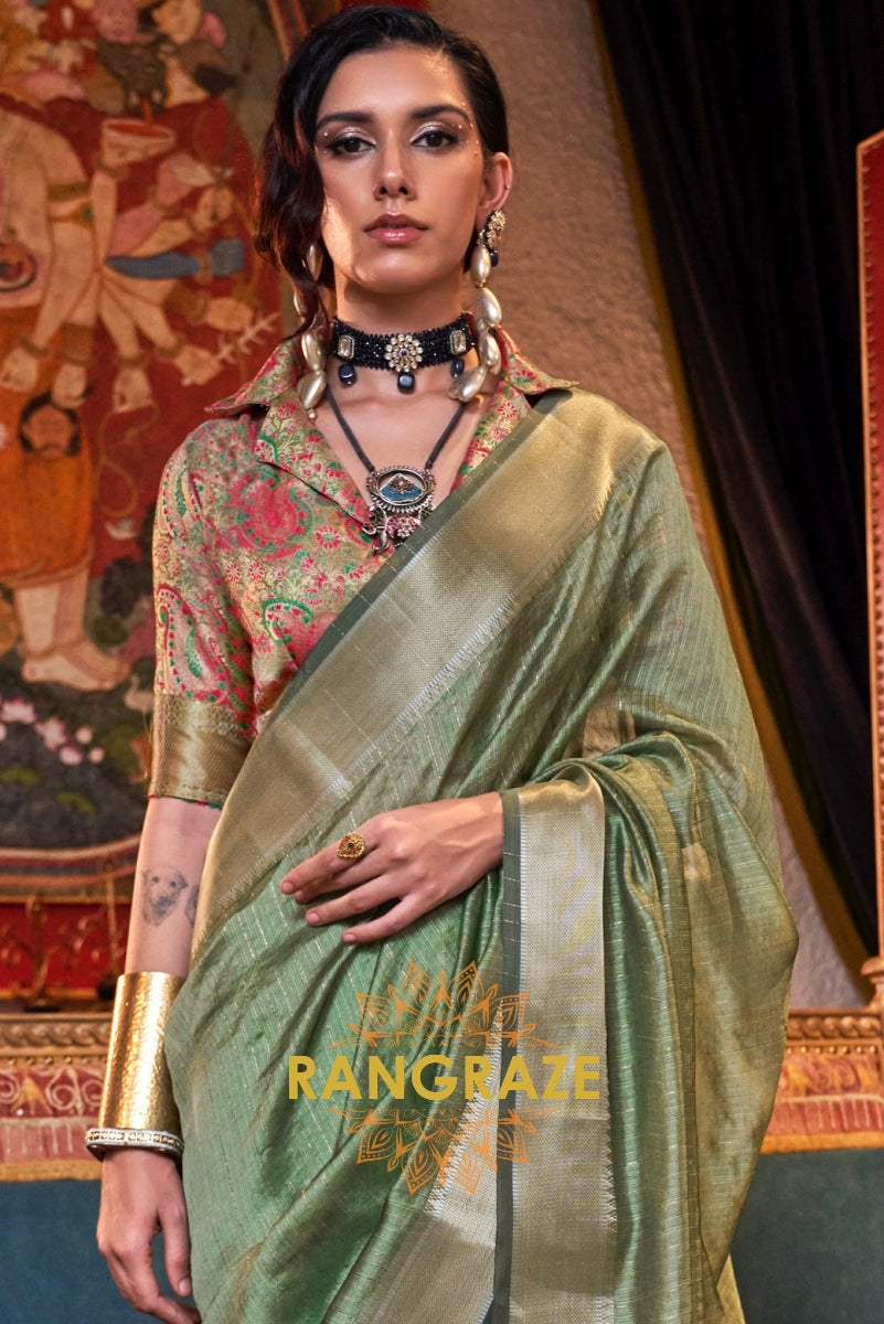 Sage Green Handwoven Moss Chiffon Saree