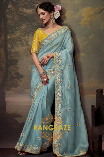 Aqua Gold Radiance: Handwoven Tissue Embroidered Saree