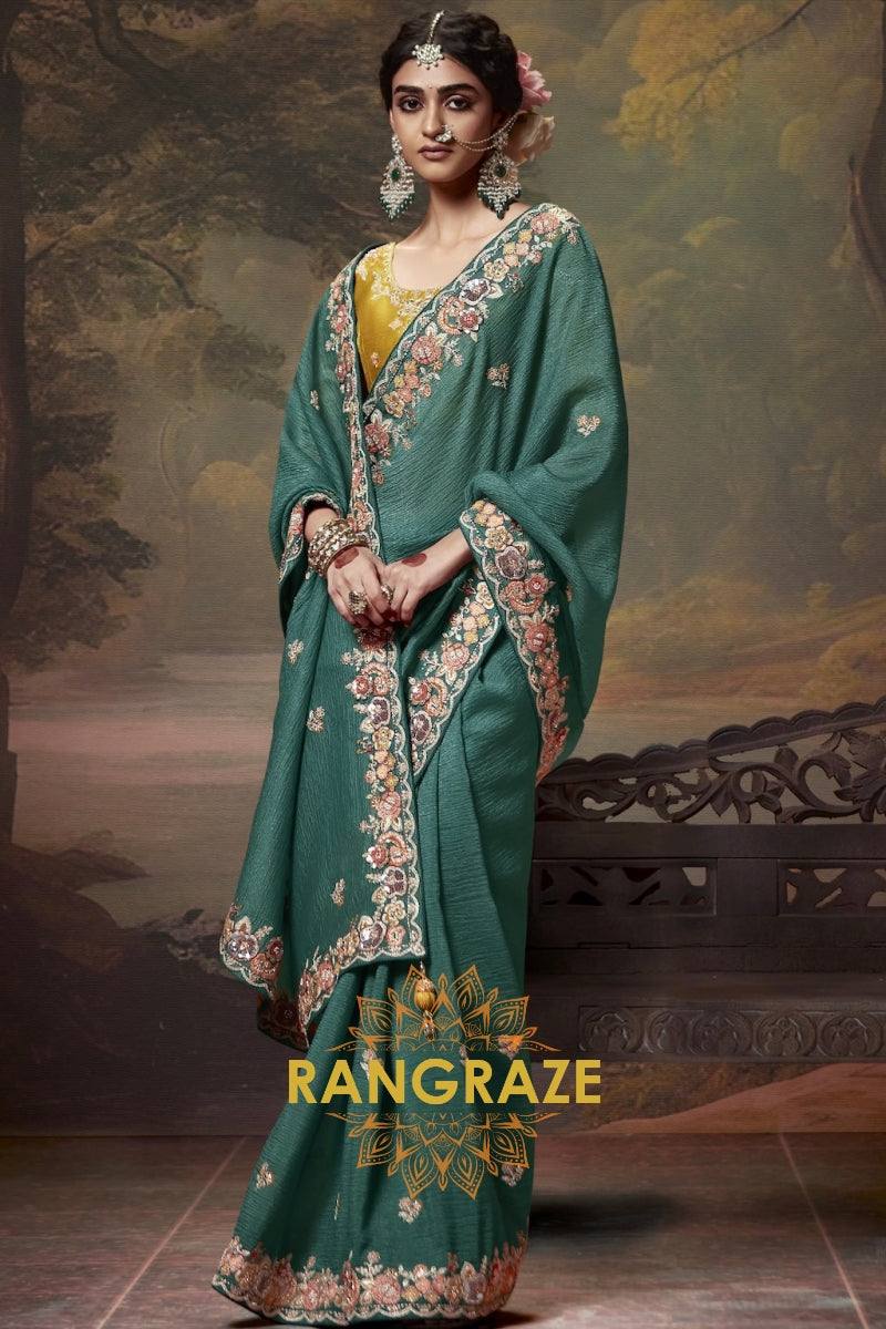 Peacock Green and Mustard Opulence: Handwoven Tissue Embroidered Saree