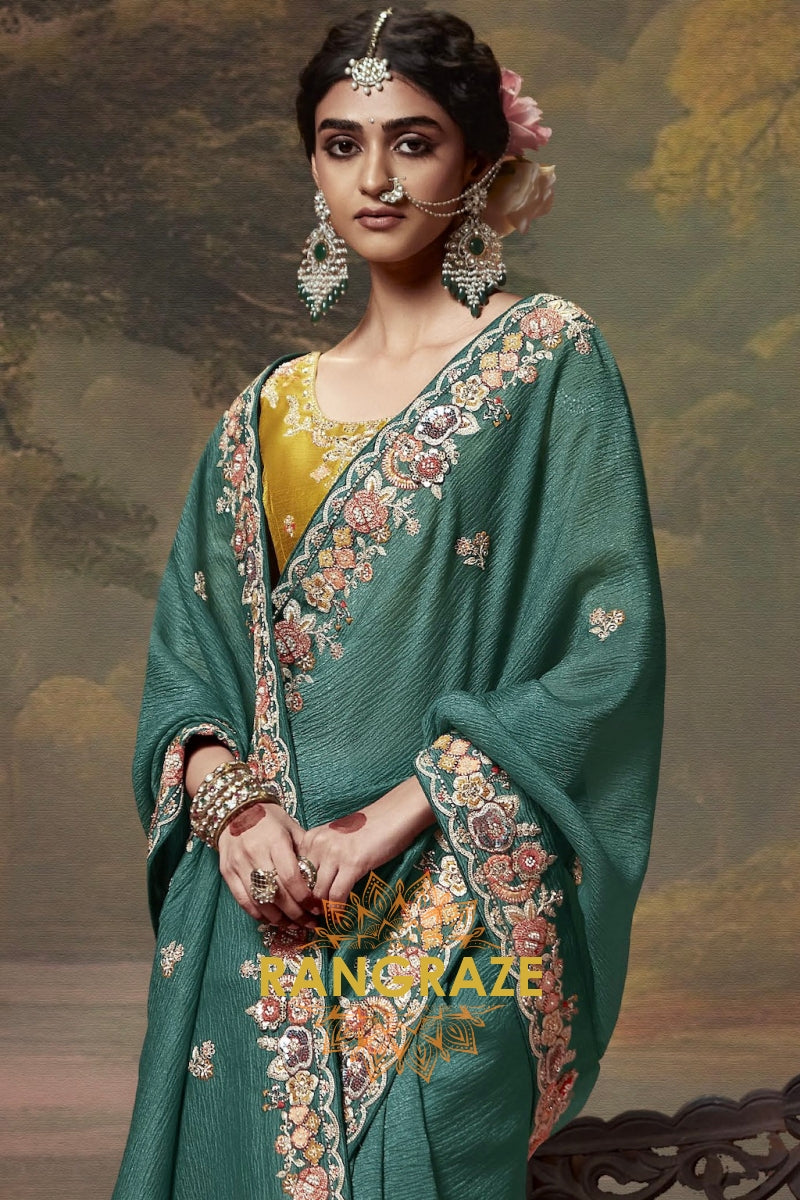 Peacock Green and Mustard Opulence: Handwoven Tissue Embroidered Saree
