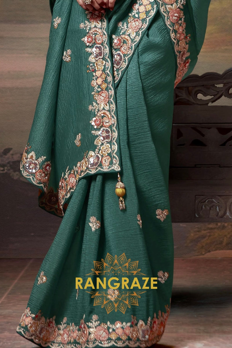 Peacock Green and Mustard Opulence: Handwoven Tissue Embroidered Saree
