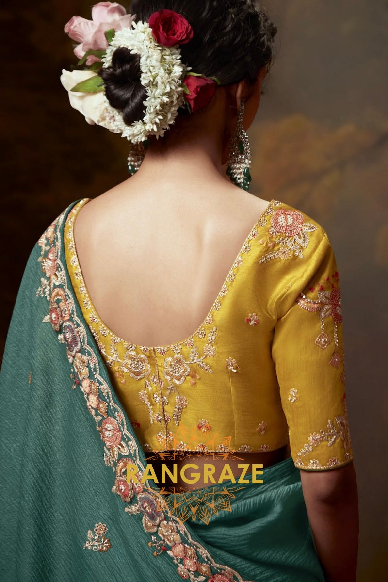 Peacock Green and Mustard Opulence: Handwoven Tissue Embroidered Saree