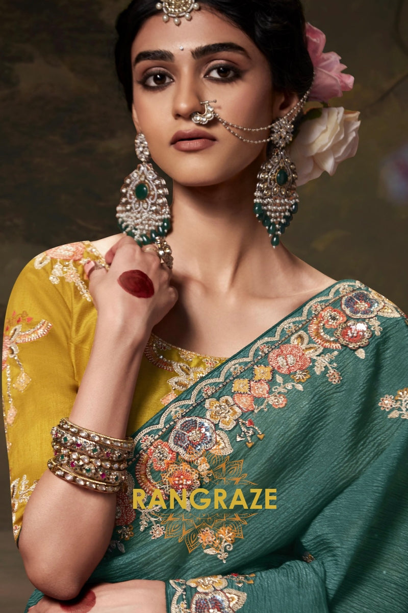 Peacock Green and Mustard Opulence: Handwoven Tissue Embroidered Saree