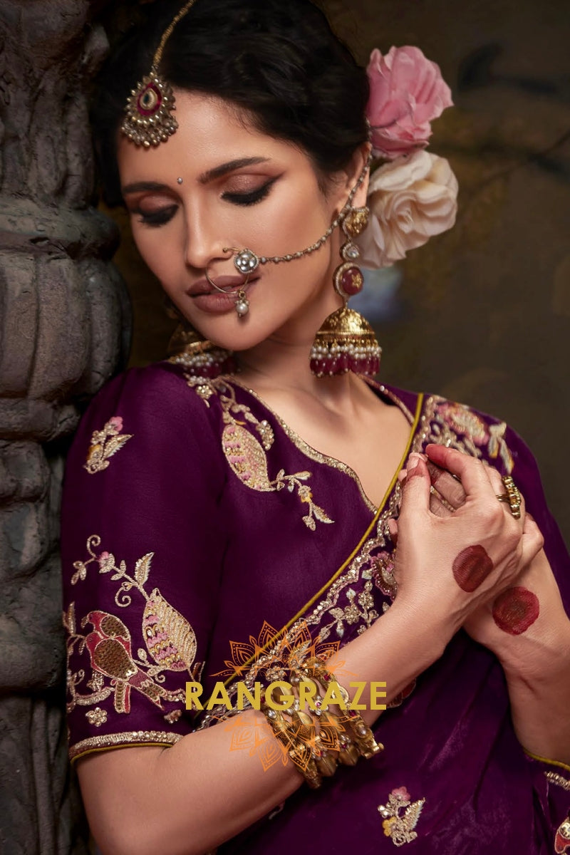 Imperial Amethyst: Handcrafted Tissue Embroidered Saree