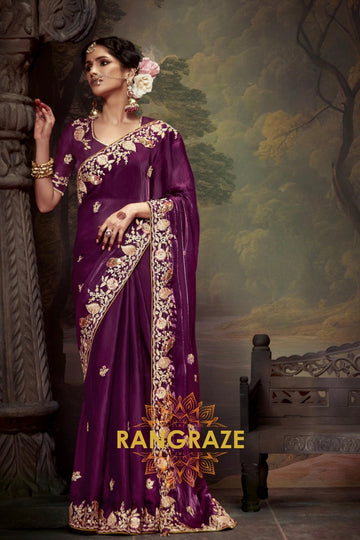 Imperial Amethyst: Handcrafted Tissue Embroidered Saree