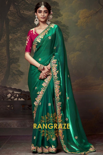 Emerald and Rose Bloom: Handwoven Tissue Embroidered Saree