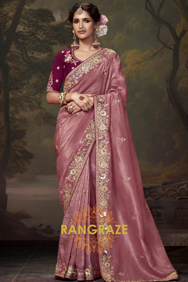 Rosewood Blush: Handwoven Tissue Embroidered Saree