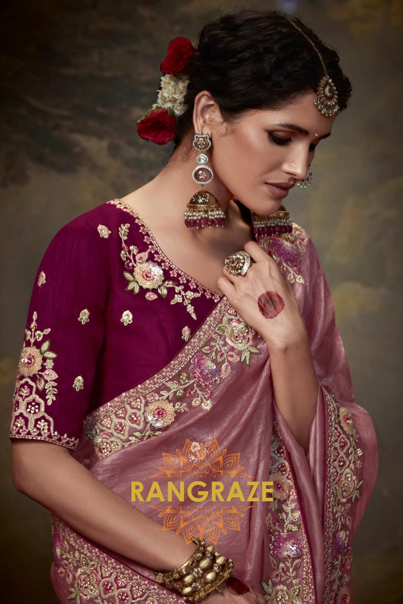 Rosewood Blush: Handwoven Tissue Embroidered Saree