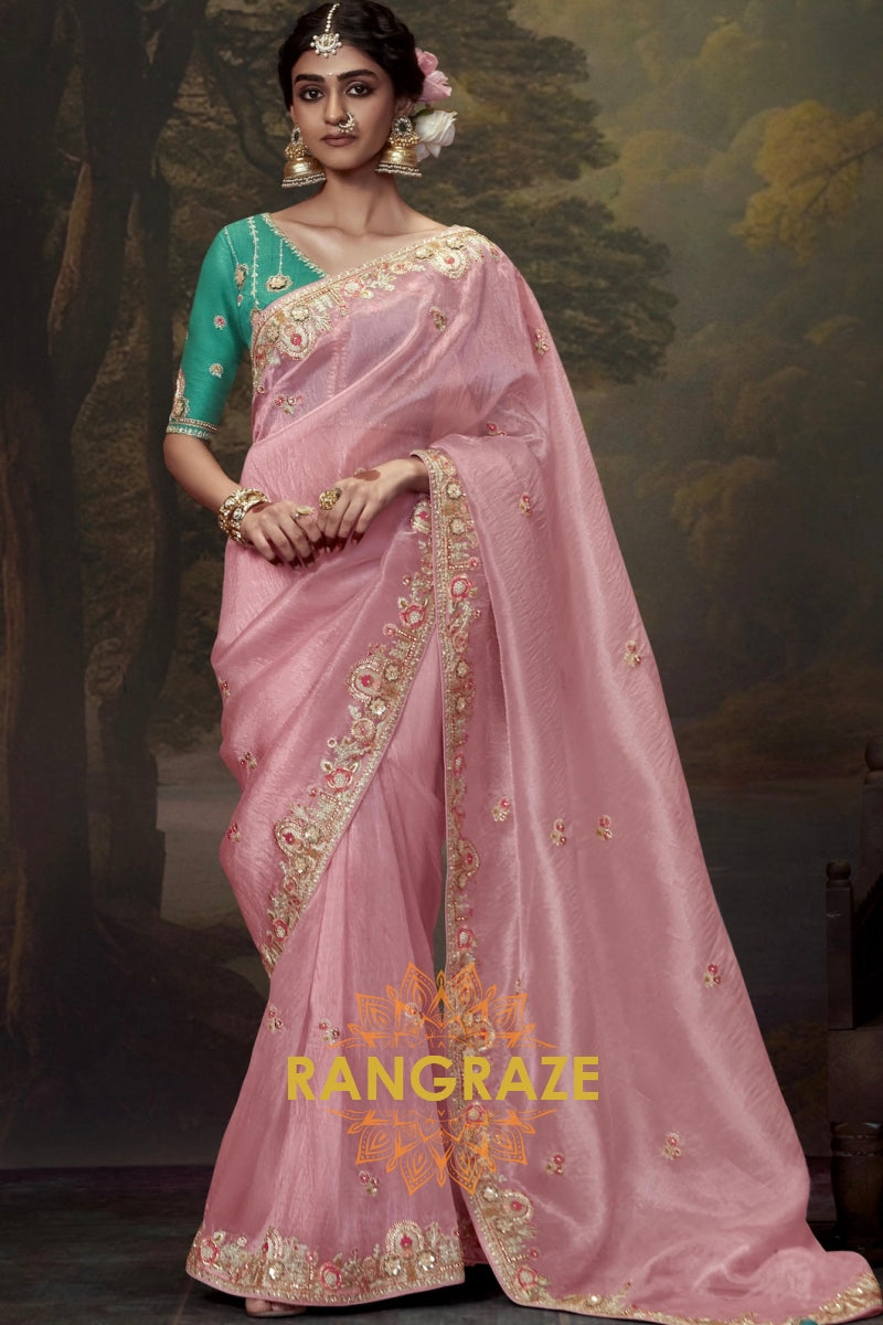 Blush Emerald: Handwoven Tissue Embroidered Saree