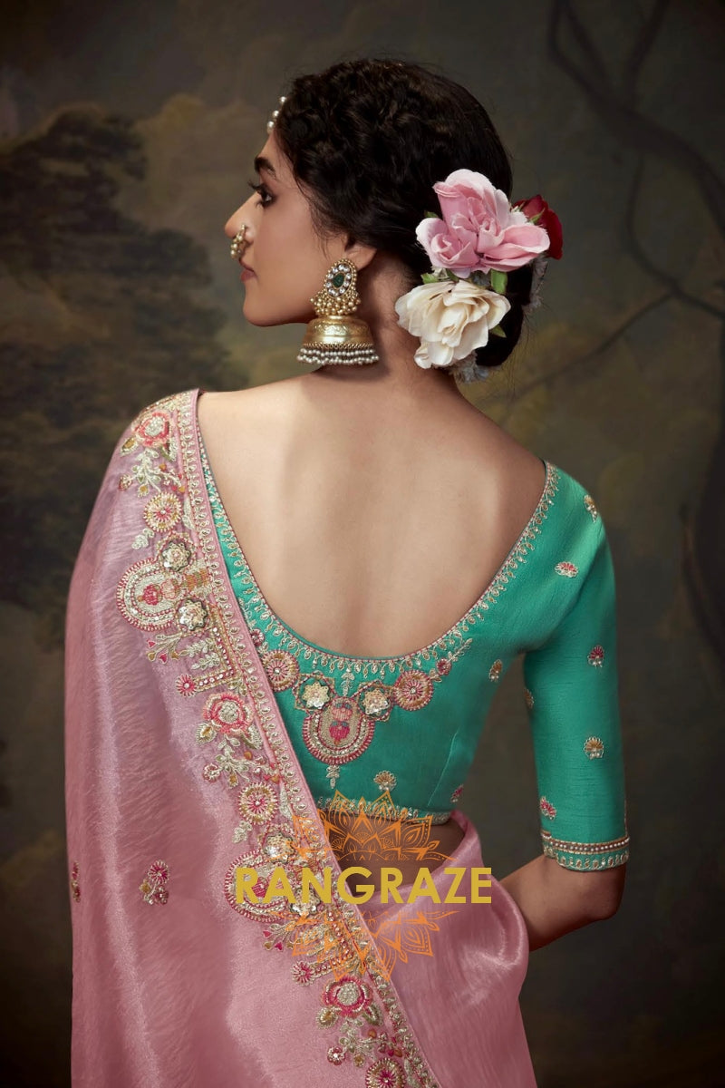 Blush Emerald: Handwoven Tissue Embroidered Saree