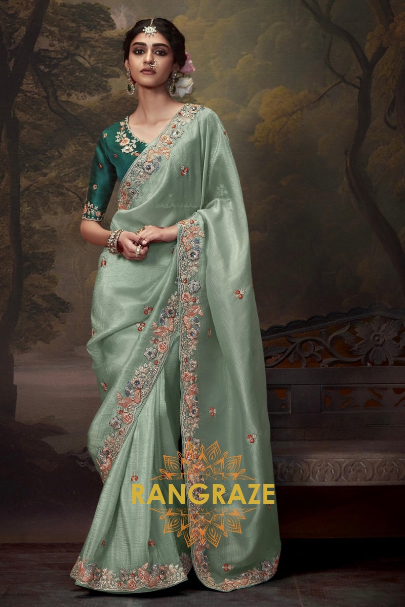 Sage Emerald: Handwoven Tissue Embroidered Saree