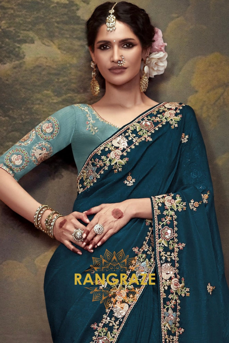 Teal Royale: Handwoven Tissue Embroidered Saree