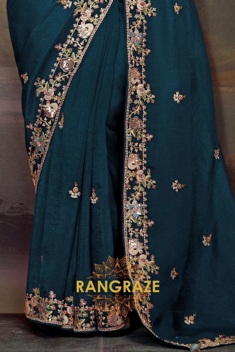 Teal Royale: Handwoven Tissue Embroidered Saree