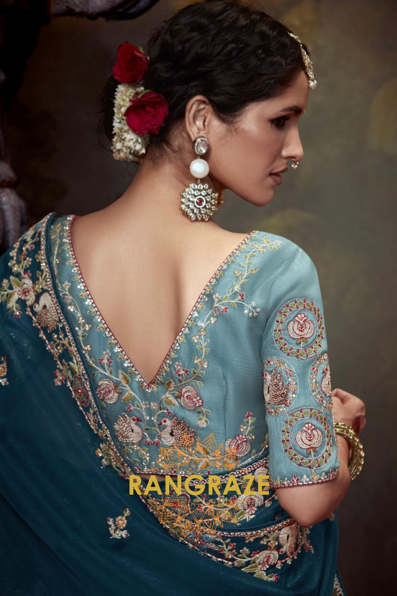 Teal Royale: Handwoven Tissue Embroidered Saree