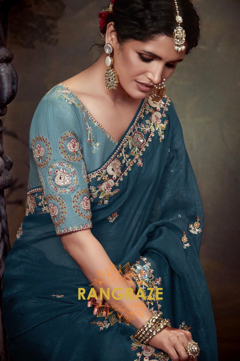 Teal Royale: Handwoven Tissue Embroidered Saree