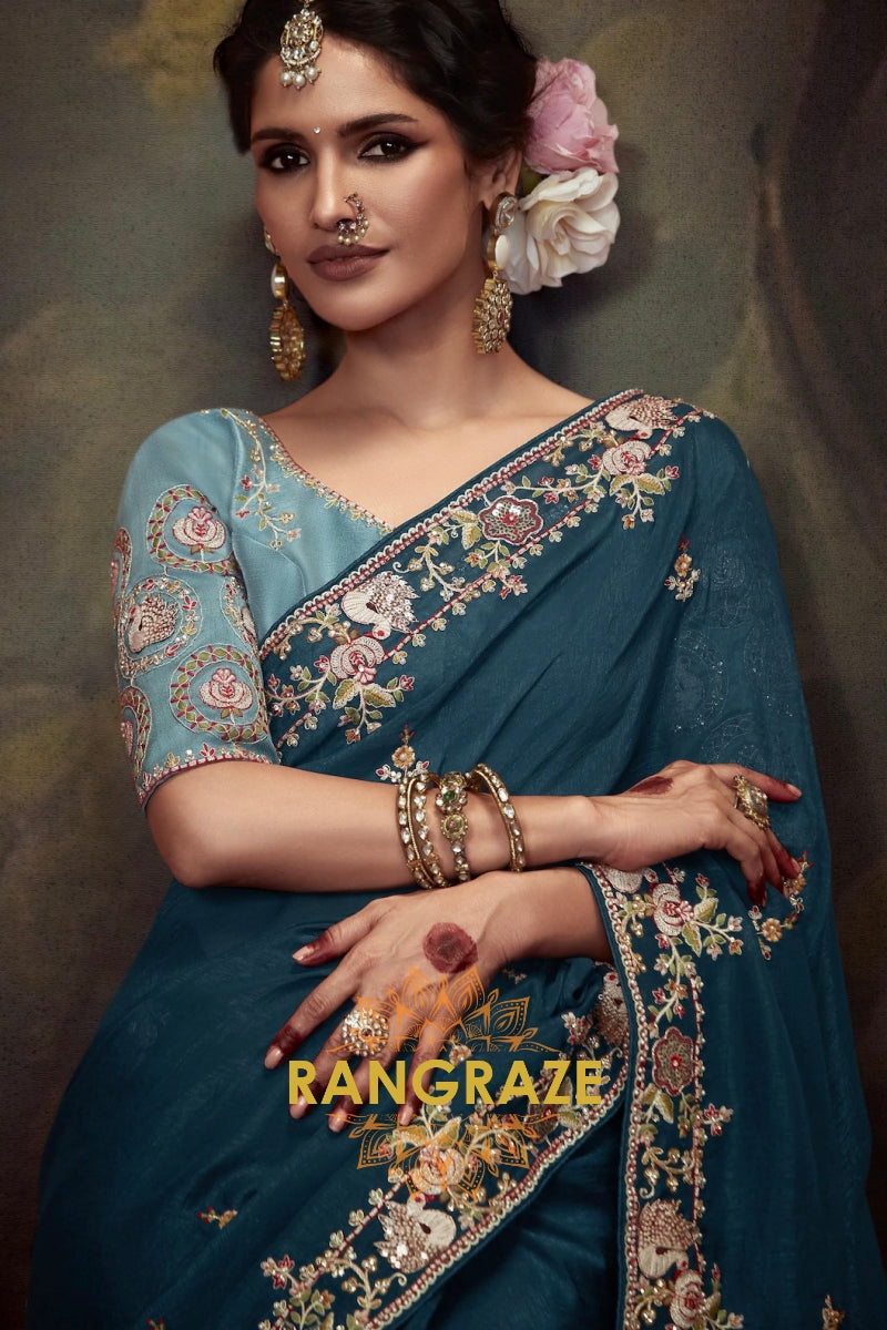 Teal Royale: Handwoven Tissue Embroidered Saree