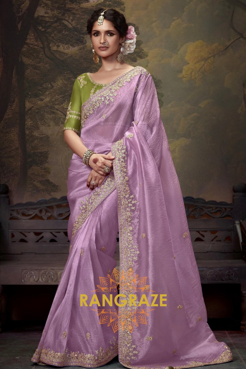 Lilac Grace: Handwoven Tissue Embroidered Saree