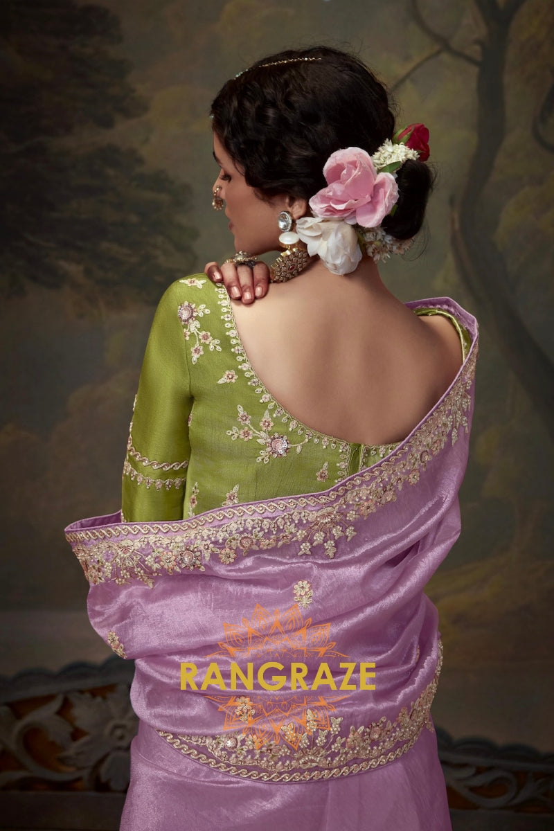 Lilac Grace: Handwoven Tissue Embroidered Saree