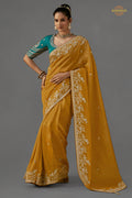 Honey Yellow Embroidered Viscose Tissue Saree