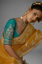 Honey Yellow Embroidered Viscose Tissue Saree