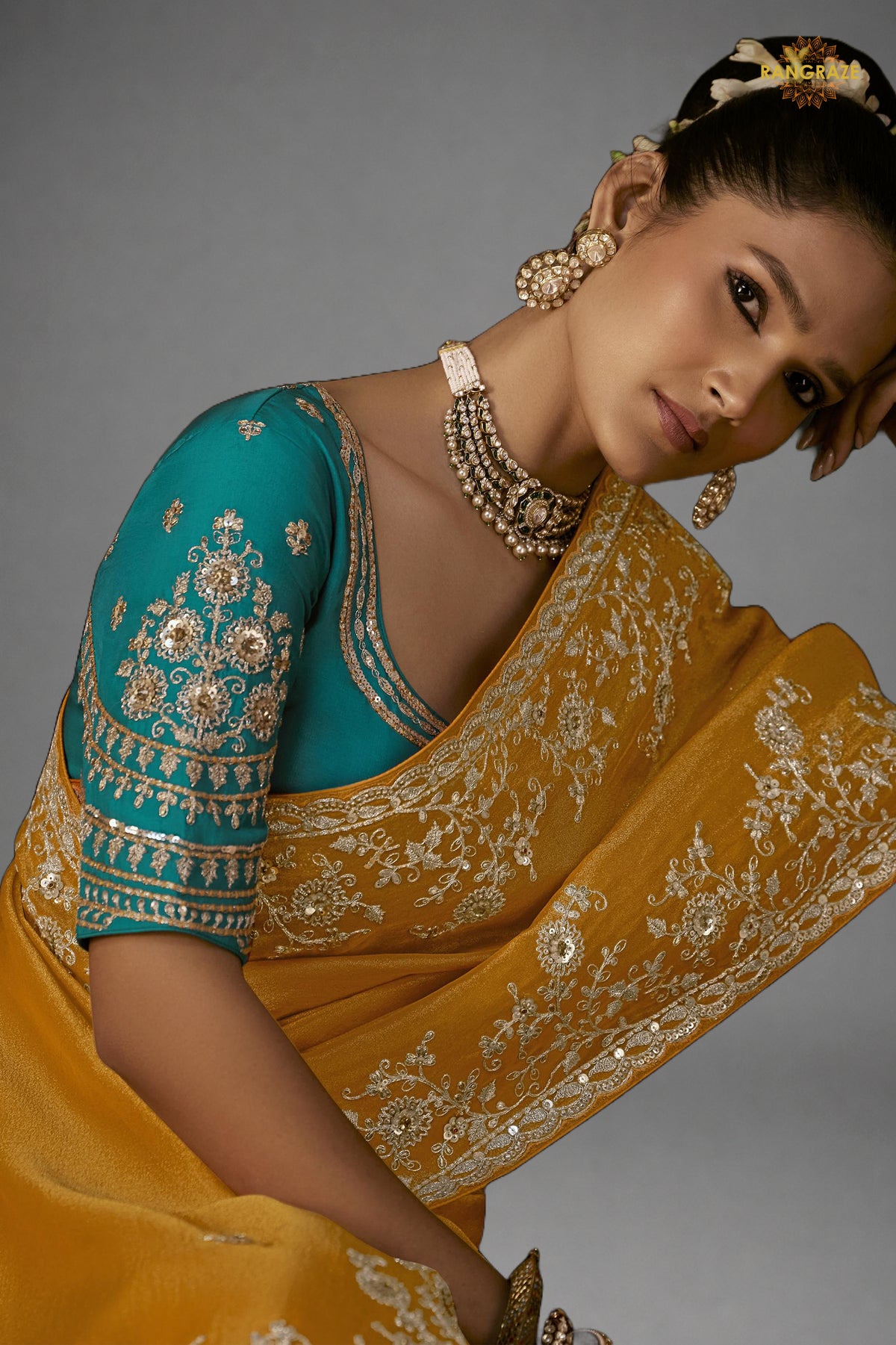Honey Yellow Embroidered Viscose Tissue Saree