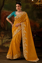 Honey Yellow Embroidered Viscose Tissue Saree