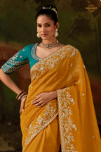 Honey Yellow Embroidered Viscose Tissue Saree