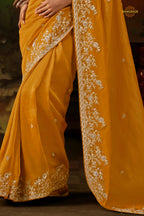 Honey Yellow Embroidered Viscose Tissue Saree