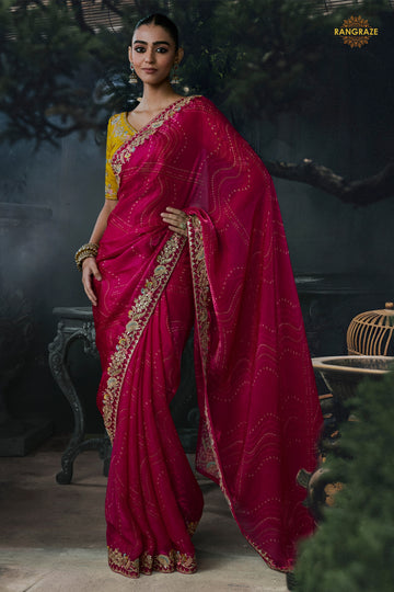 Hot Pink Embroidered Tissue Organza Saree