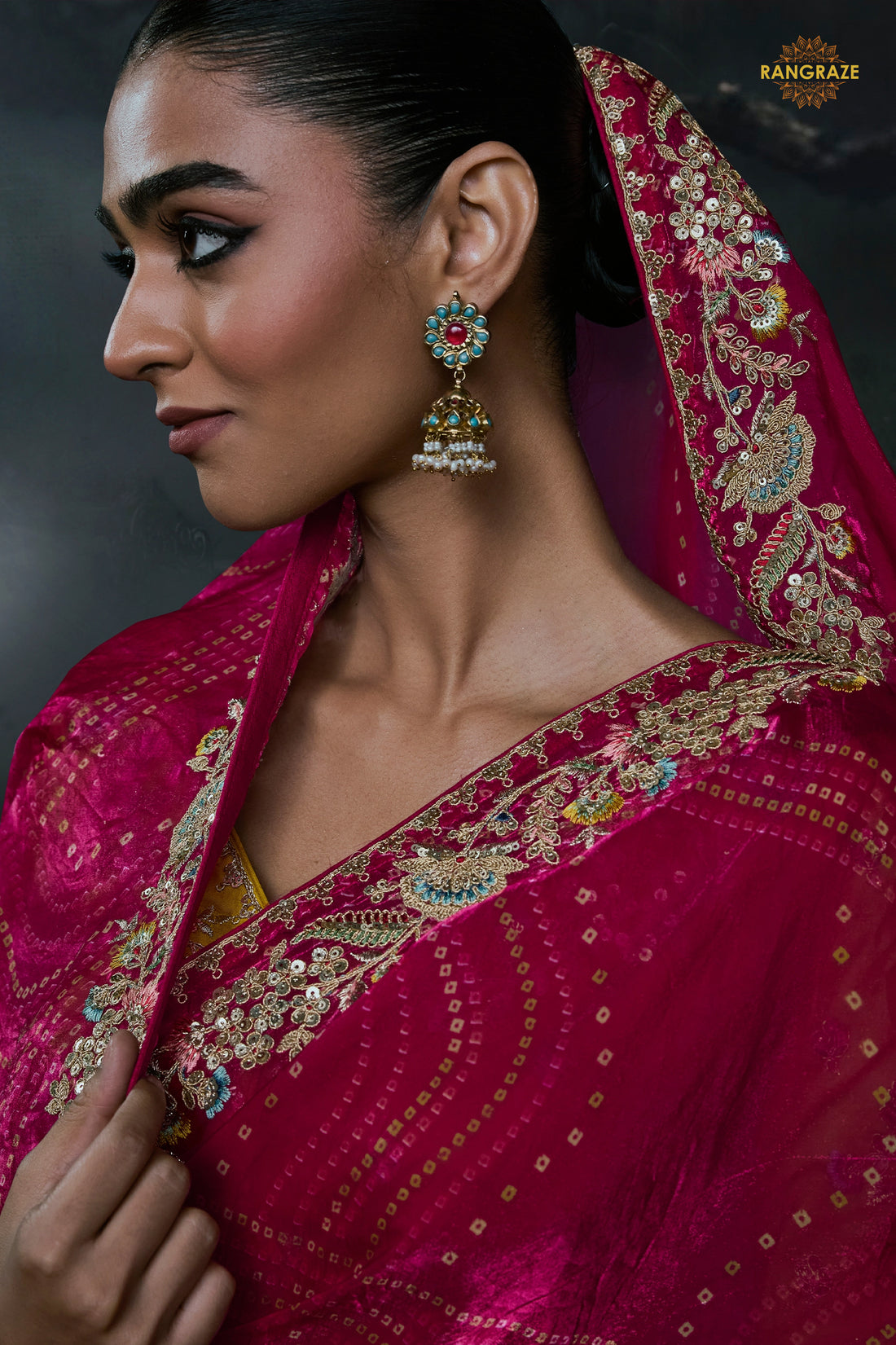 Hot Pink Embroidered Tissue Organza Saree