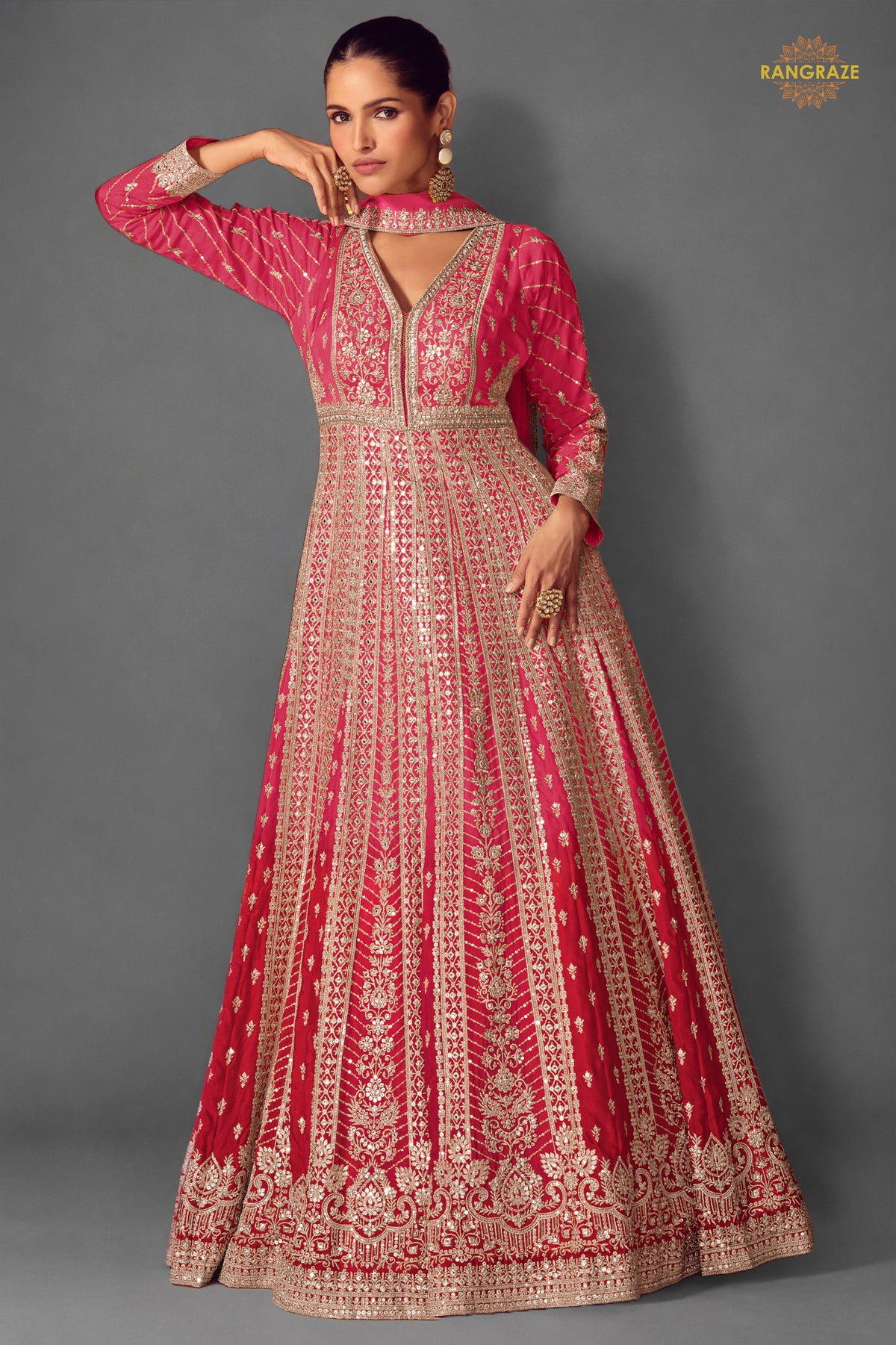 Hot Pink Stitched Embroidered Chinon Gown with Dupatta