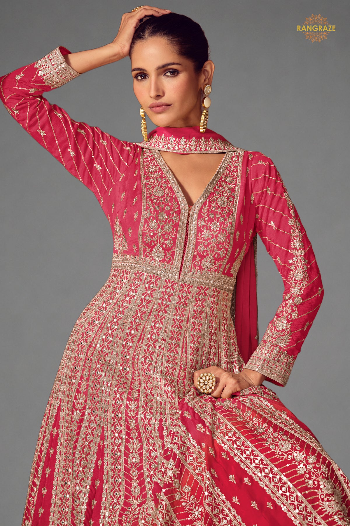 Hot Pink Stitched Embroidered Chinon Gown with Dupatta