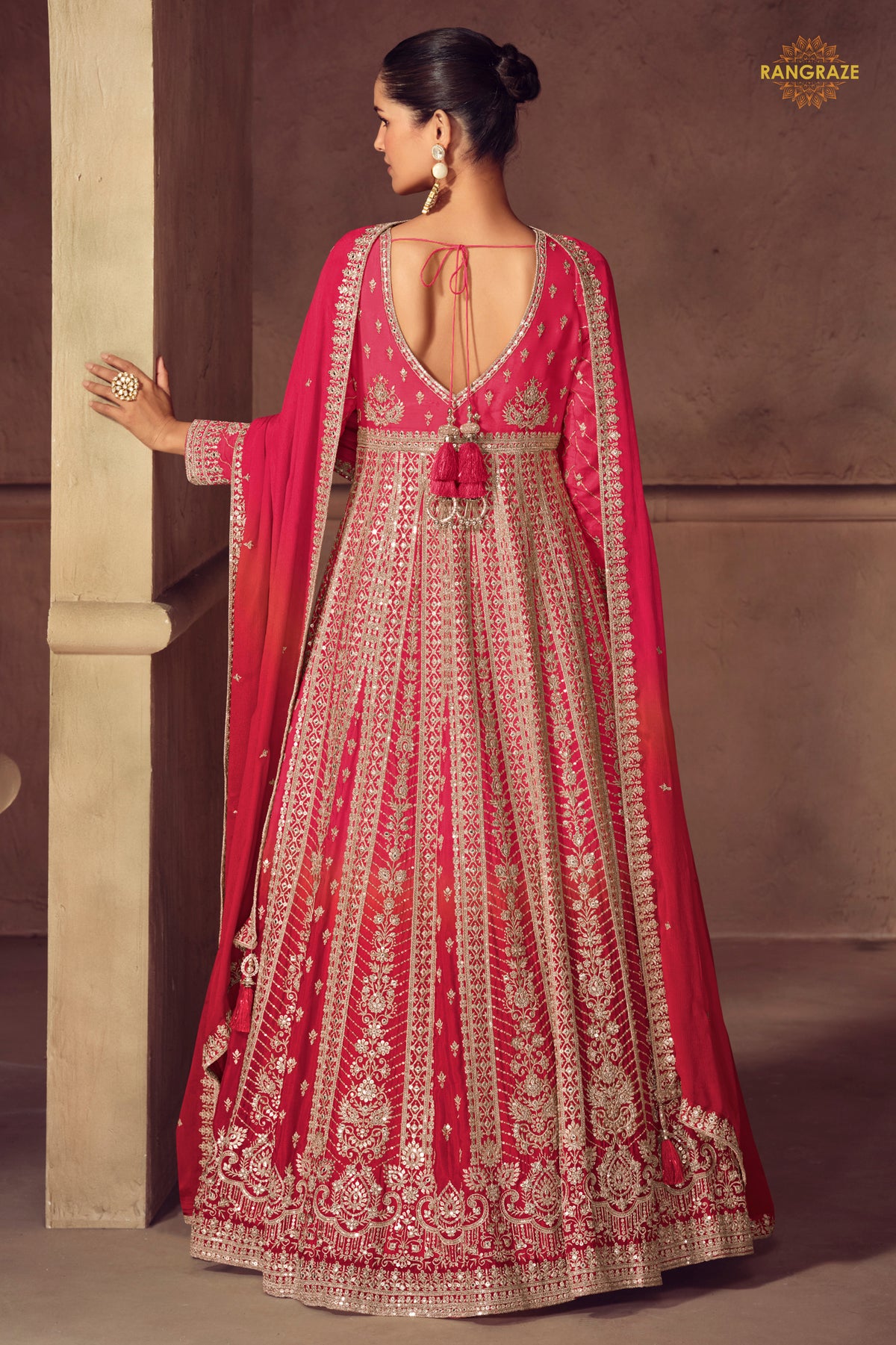 Hot Pink Stitched Embroidered Chinon Gown with Dupatta
