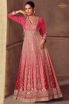 Hot Pink Stitched Embroidered Chinon Gown with Dupatta