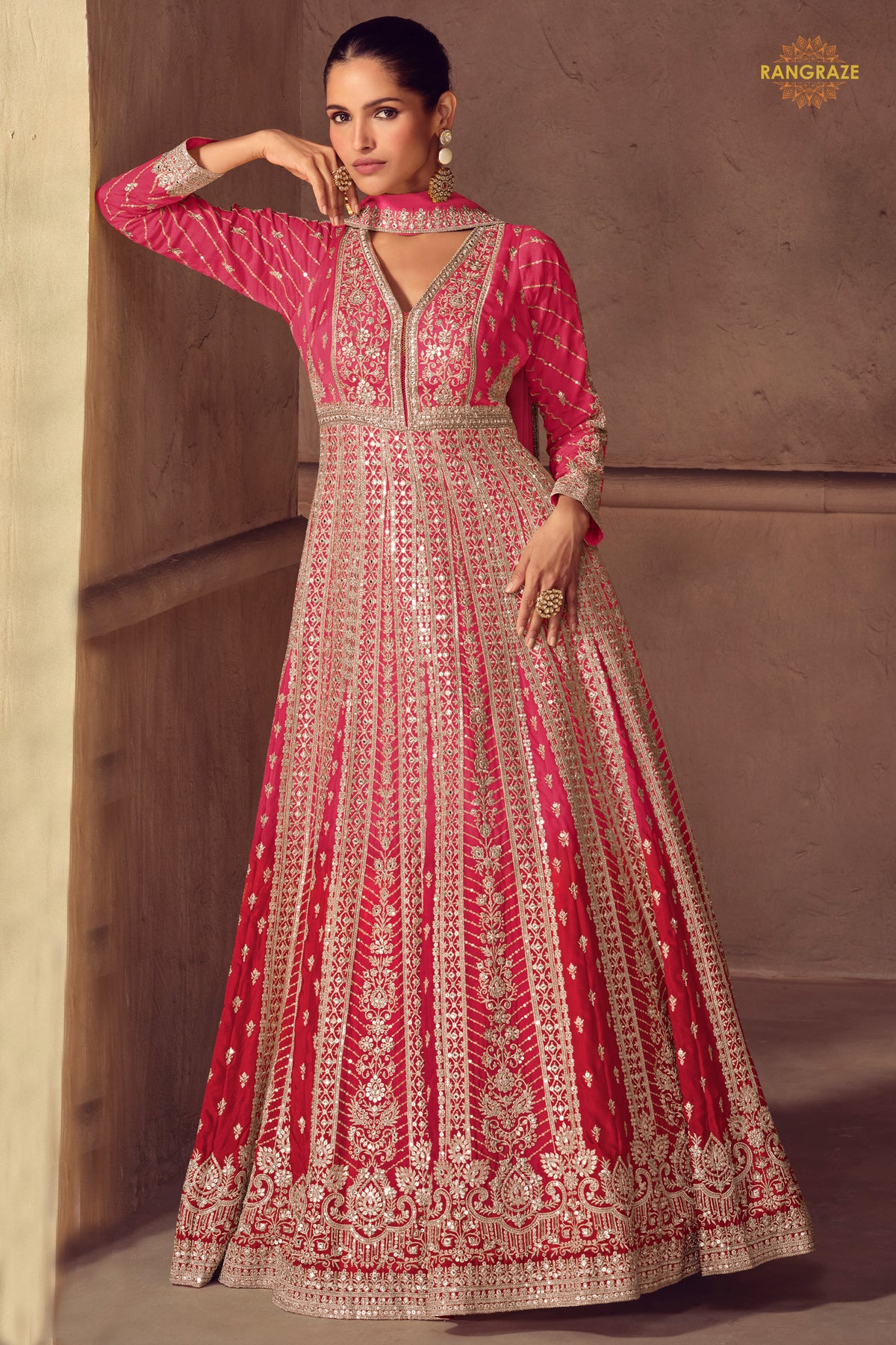 Hot Pink Stitched Embroidered Chinon Gown with Dupatta
