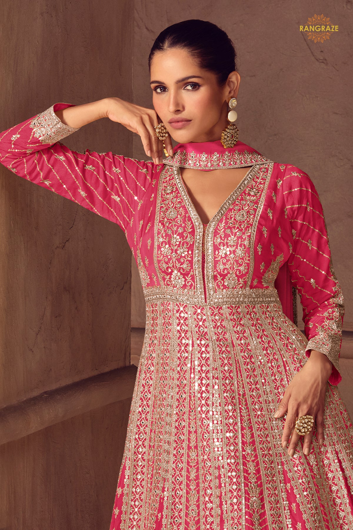 Hot Pink Stitched Embroidered Chinon Gown with Dupatta