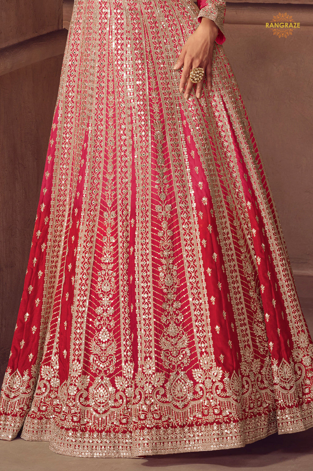 Hot Pink Stitched Embroidered Chinon Gown with Dupatta