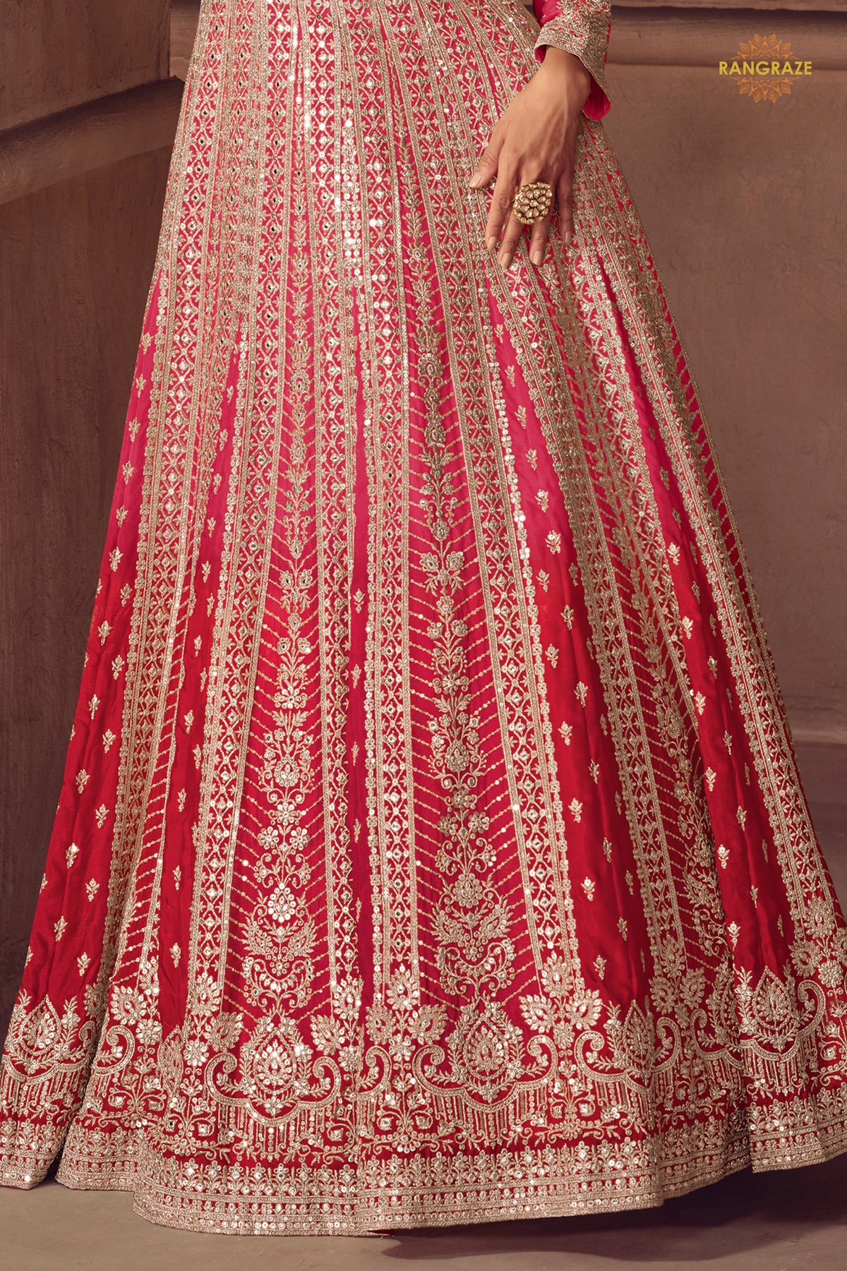 Hot Pink Stitched Embroidered Chinon Gown with Dupatta