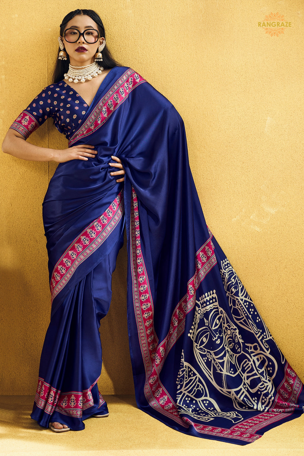 Indigo Blue Ajrakh Print Modal Satin Saree