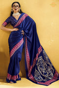 Indigo Blue Ajrakh Print Modal Satin Saree