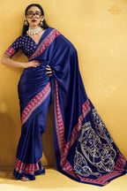 Indigo Blue Ajrakh Print Modal Satin Saree