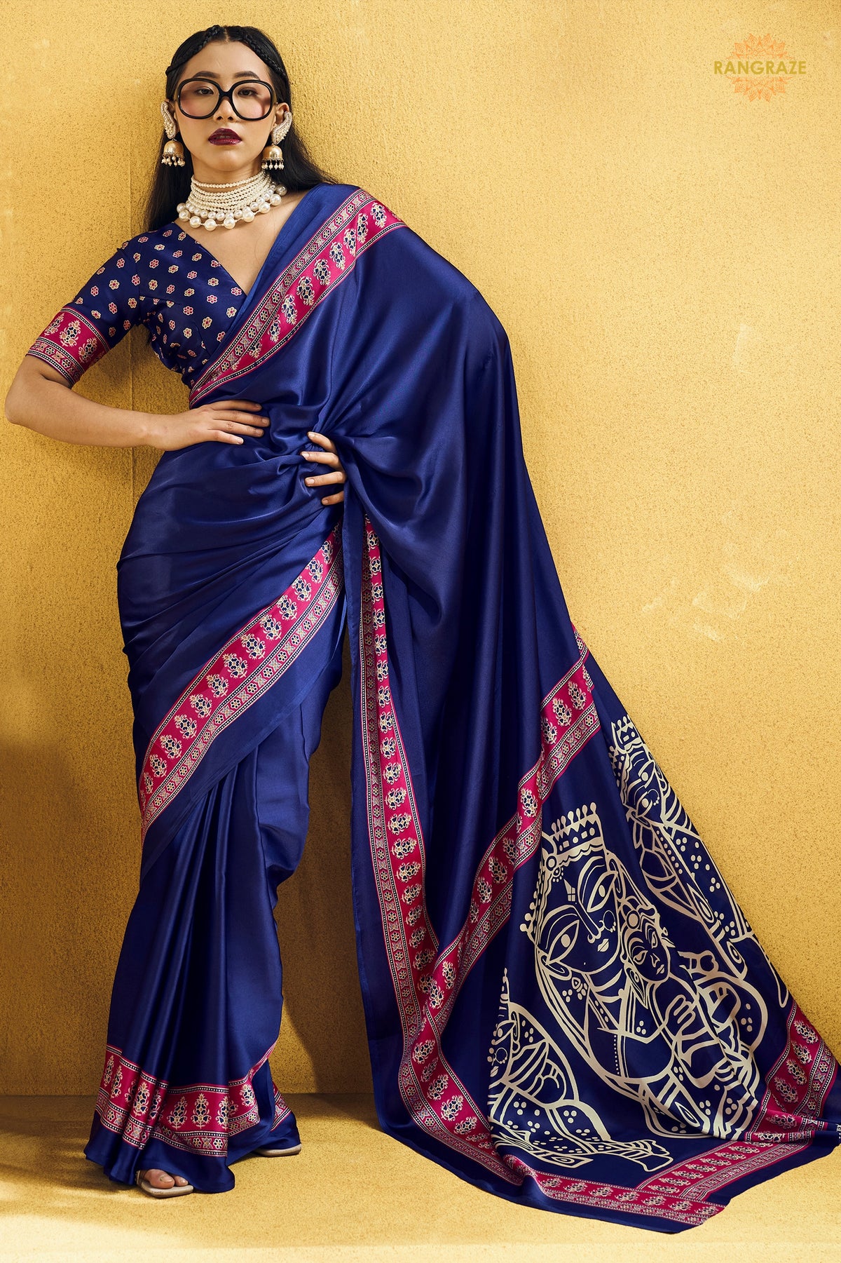 Indigo Blue Ajrakh Print Modal Satin Saree