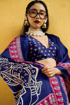 Indigo Blue Ajrakh Print Modal Satin Saree