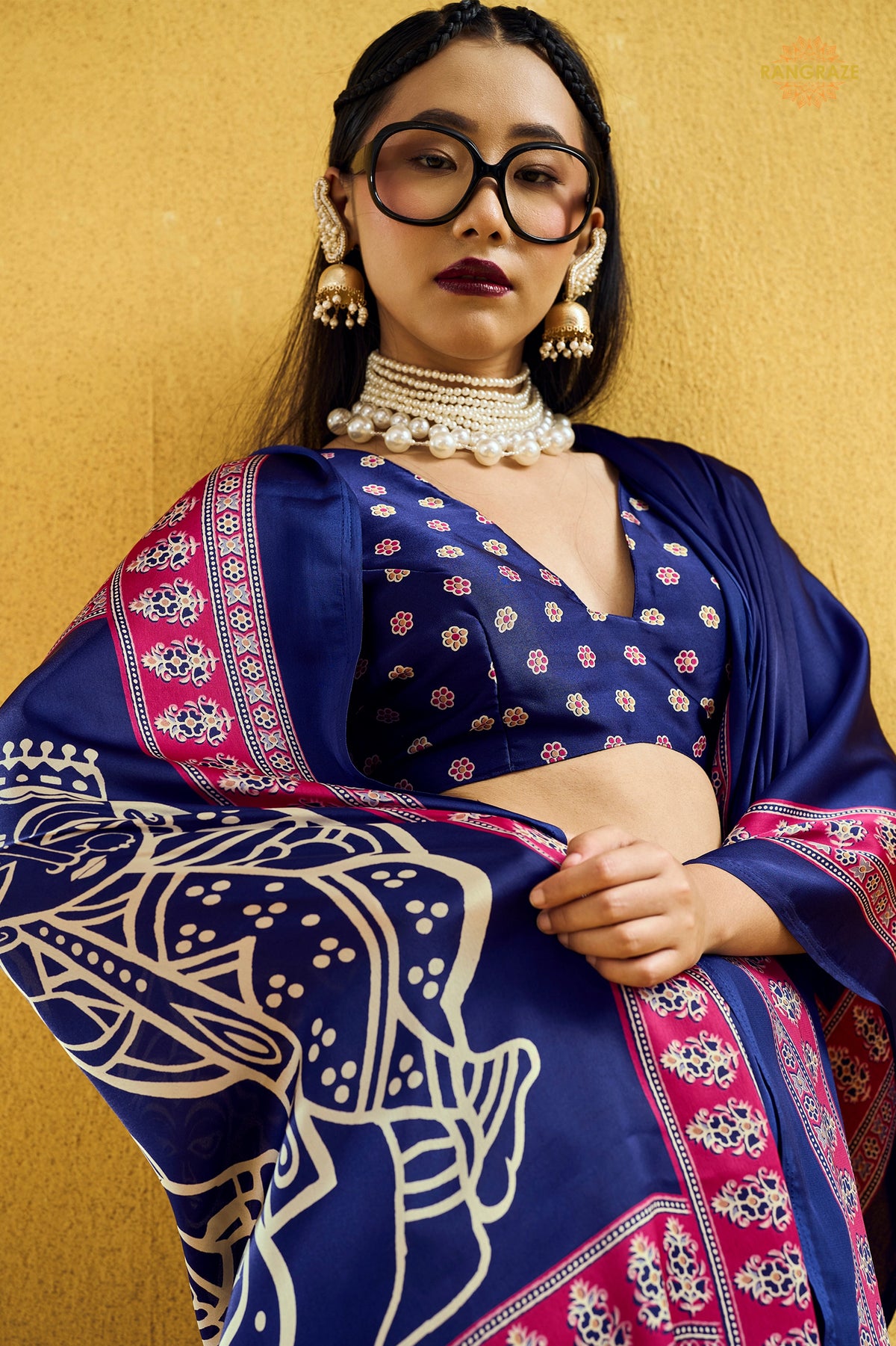 Indigo Blue Ajrakh Print Modal Satin Saree